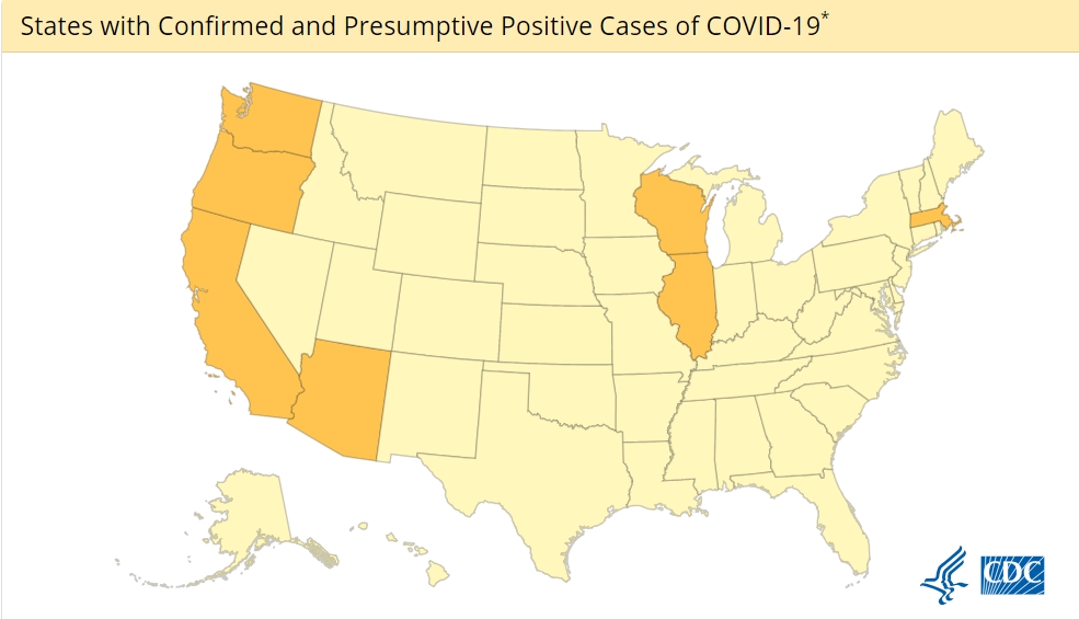 目前全美七个州出现确诊 来源：美国疾控中心