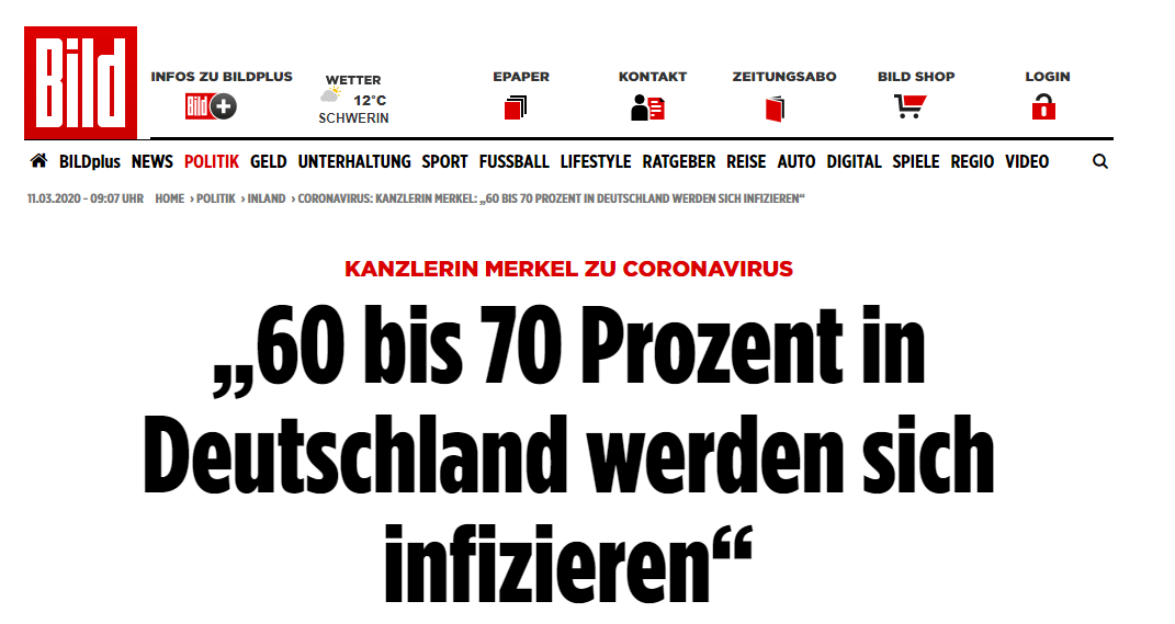  德国《图片报》：默克尔谈新冠病毒：“60%-70%在德国的人将感染新冠病毒”