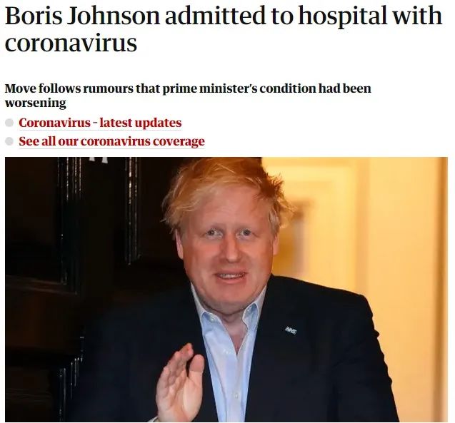 ▲英国卫报：英国首相已因新冠病毒入院，被网友戏称为“身先士卒”