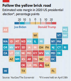 （模型预测2020大选拜登与特朗普在各州的选票差 图源：经济学人）