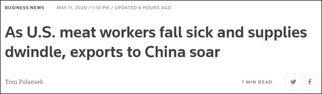 路透社报道截图  “美国因工人感染导致供应下降，对中国的出口则大量增加”
