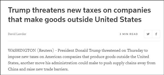 路透社14日报道截图 特朗普威胁对境外的美国企业征税
