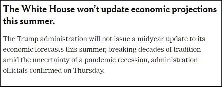 △《纽约时报》指出，白宫在今年夏季的年中评估中取消经济预测，堪称史无前例