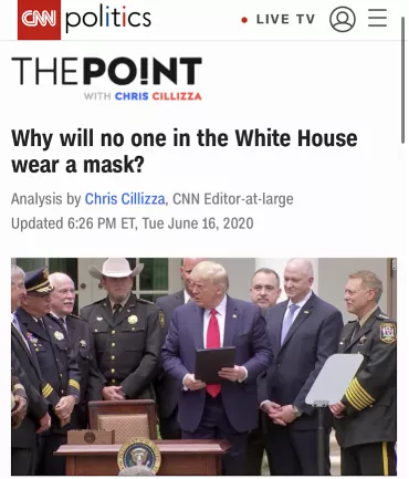  ▲CNN发文《为什么白宫里没人戴口罩？》，称特朗普有政治目的