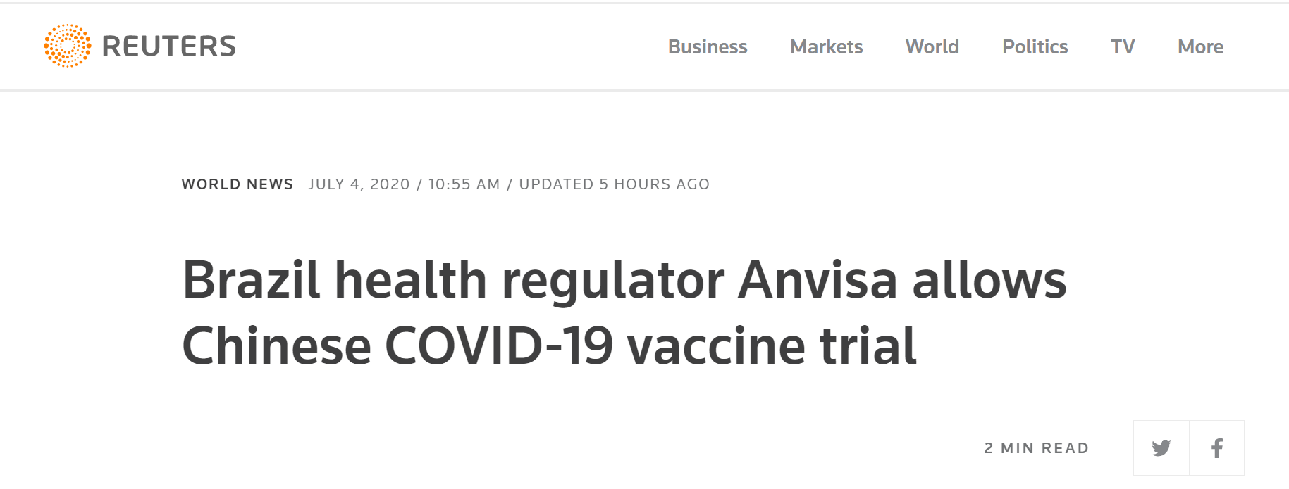 路透社：巴西卫生监管机构国家卫生监督局（ANVISA）批准中国研发的新冠肺炎疫苗进行临床试验