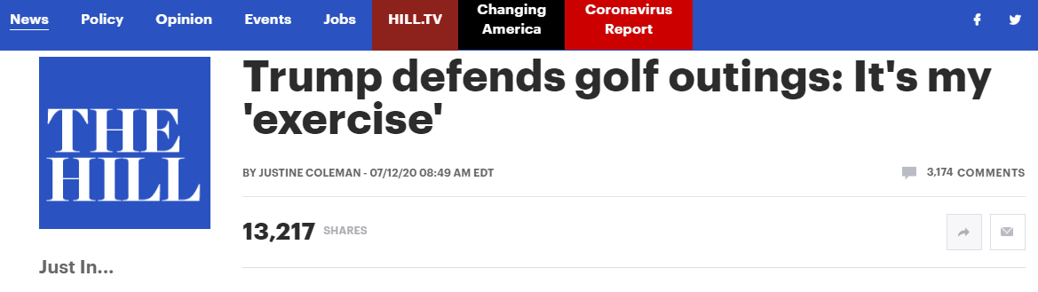 （《国会山报》：特朗普为外出打高尔夫辩护：这是我的“锻炼”）