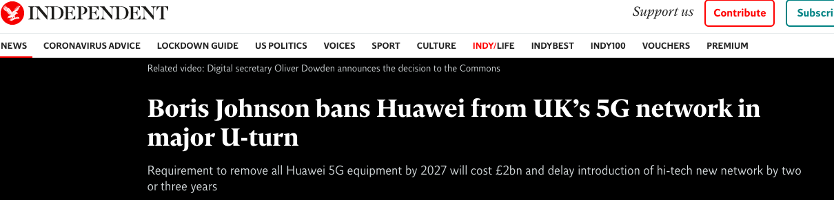 △英国《独立报》：英国将禁止华为参与5G建设