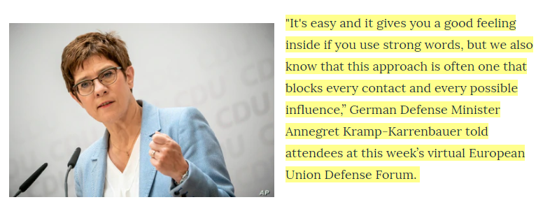 △德国国防部长卡伦鲍尔：对华态度强硬只是让他们自我感觉良好罢了