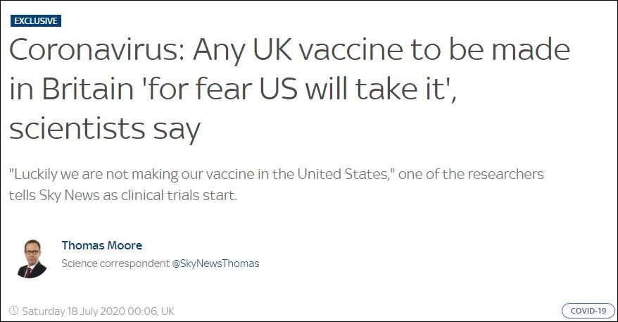 科学家们说，“因为害怕美国会来‘抢’走”，英国的任何新冠疫苗都将在英国生产  报道截图