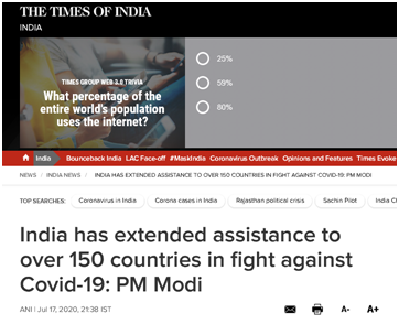 《印度时报》：莫迪说，印度已经向150多个国家提供了抗疫援助