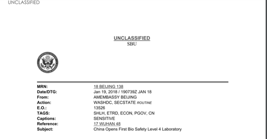 被标为“SBU”（内容敏感，但不保密）的外交电报截图