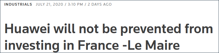 21日，路透社报道：法国财长称华为将不会被禁止在法投资