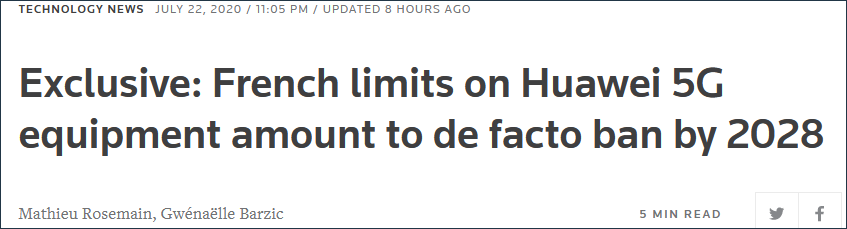 22日，路透社报道称，“法国的限制事实上禁止了2028年前华为5G设备的使用”
