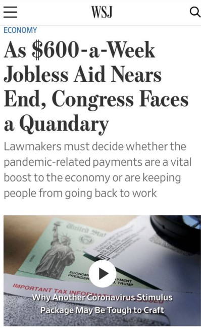 △《华尔街日报》称，额外失业补助是2500万美国人至关重要的经济来源，一旦消失，不仅将令他们的生活陷入拮据，也将冲击美国宏观经济