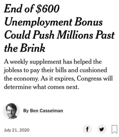 △《纽约时报》称，估计将有超过2000万美国人因失去额外失业补助收入减半
