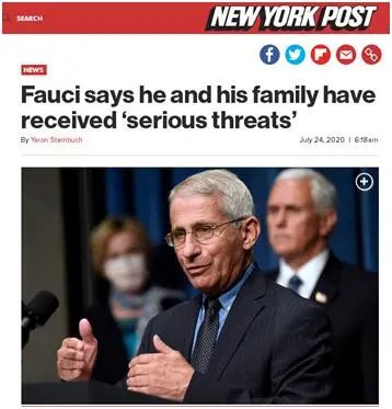 《纽约邮报》24日说，福奇表示，他和他的家人都受到了“严重威胁”