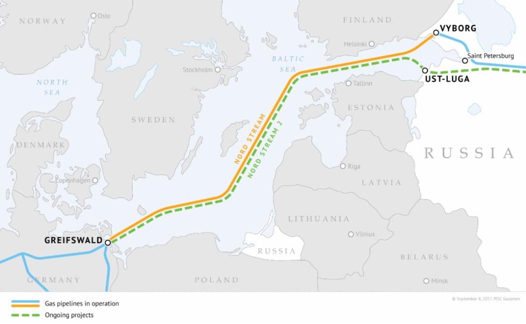 “北溪-2”管线示意图（图片来源：俄罗斯天然气公司官网）