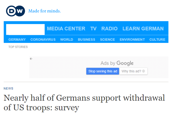  《德国之声》：调查显示，近一半德国人支持美军撤离