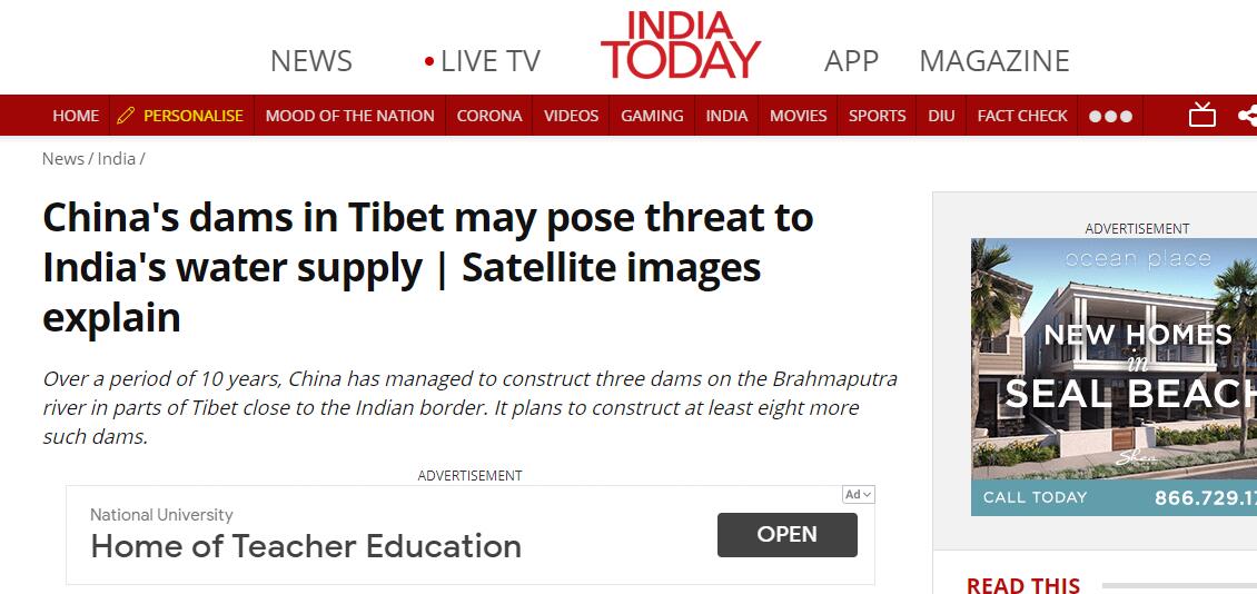 《今日印度》：卫星图像显示，中国在西藏的大坝可能对印度的供水构成威胁
