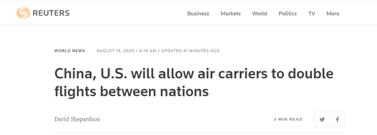 路透社：中美将允许两国间航班数量将增加一倍
