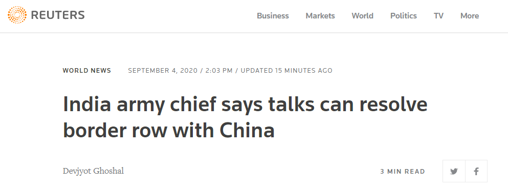  路透社：印度陆军参谋长说可以通过谈判解决与中国的边境冲突