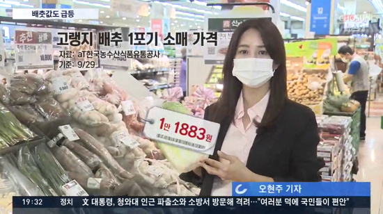  韩国记者走访超市，一颗白菜69元人民币。（朝鲜TV）