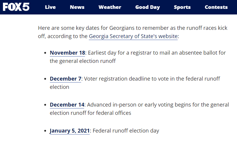  （图为美国福克斯新闻网依据佐治亚州官方的时间表给出的加赛各阶段的投票日和开票日）