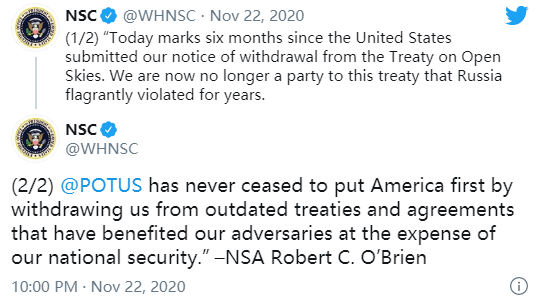 白宫国家安全委员会推特截图