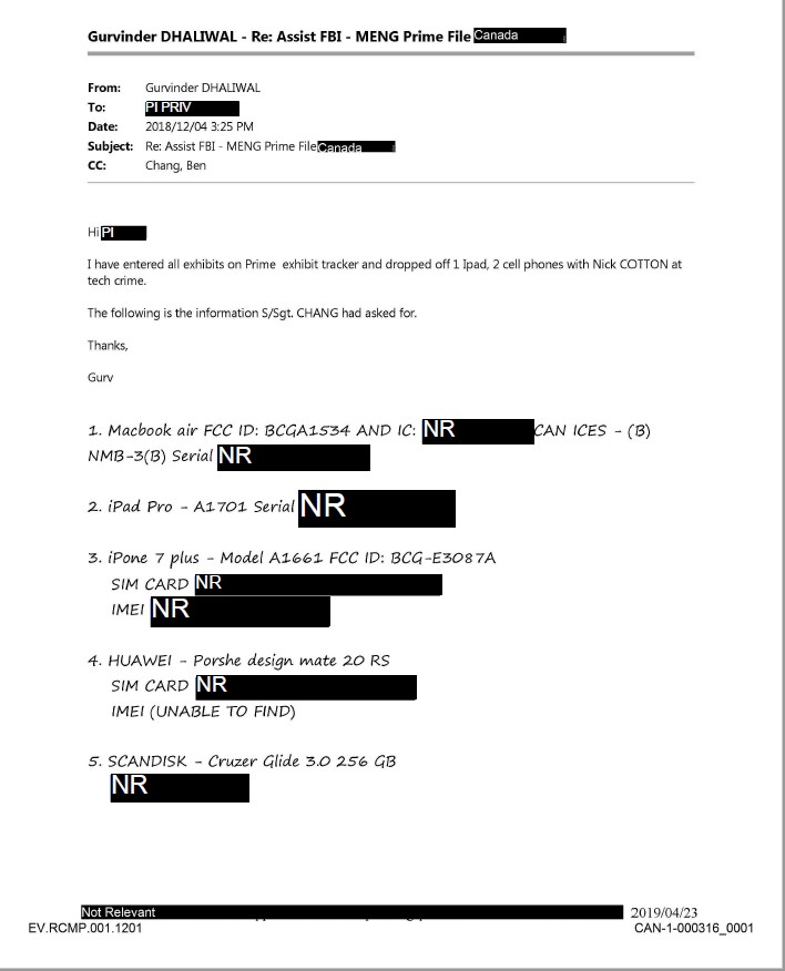  △联邦警察Ben Chang索要孟晚舟手机和电子设备信息的邮件
