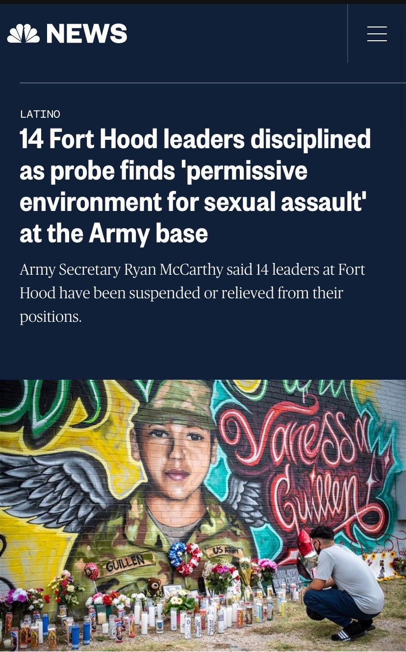  △美国广播公司报道，14名胡德堡陆军基地官员因长期纵容性侵和性骚扰行为而被处分