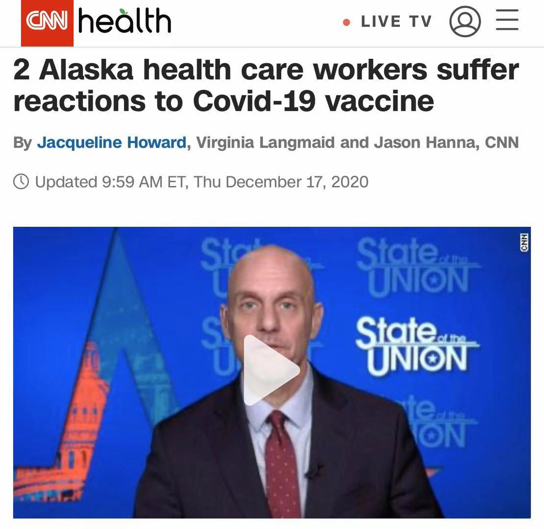 △CNN17日报道，阿拉斯加州2名医护人员接种疫苗后产生不良反应