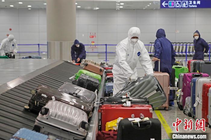资料图：上海浦东机场工作人员正在T2航站楼入境到达行李转盘，将行李按照出发地进行摆放。　殷立勤 摄