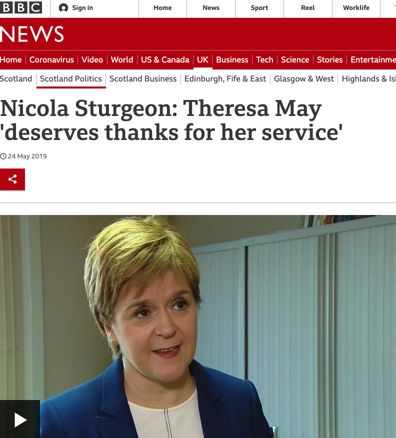 △2019年5月24日，苏格兰首席部长斯特金赞赏特雷莎·梅称：“特雷莎·梅的付出，值得被感谢”。（图片来源：BBC）