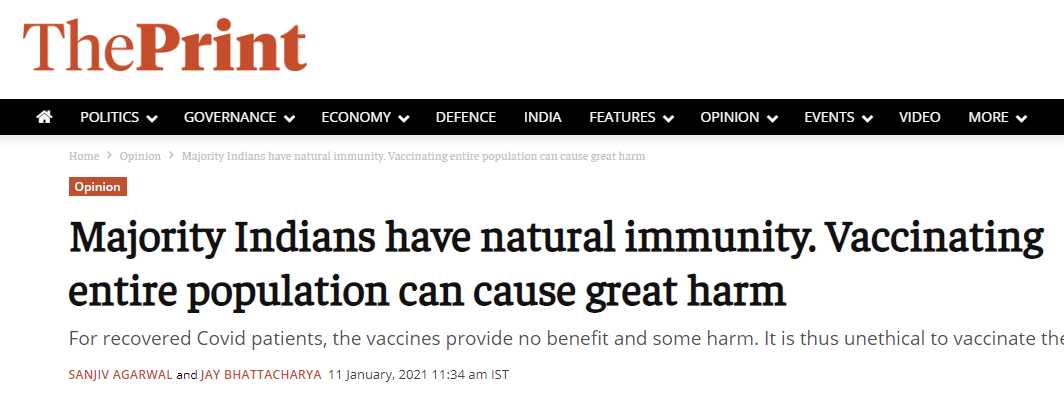  The Print：大多数印度国民具有自然免疫力，给全部人口接种疫苗会造成巨大损害