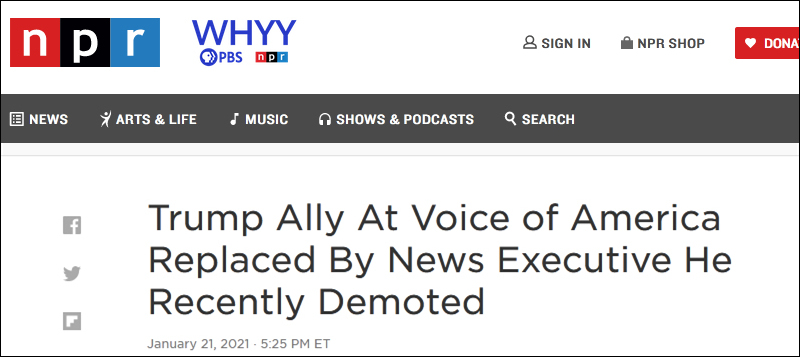NPR：特朗普在“美国之音”的盟友被他最近降职的新闻主管取代