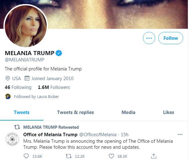 梅拉尼娅·特朗普个人社交媒体账户截图。