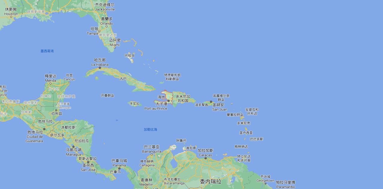 海地与多米尼加同处一岛，临近美国佛罗里达州谷歌地图