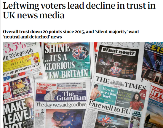  （图为英国《卫报》在去年的一篇报道中指出英国人对媒体的信任度自2015年下降了20个百分点，而且许多人希望媒体更中立）