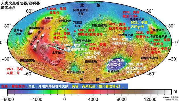 图为火星表面主要地理区域名称以及已经登陆或即将登陆火星的着陆器/火星车位置图。图片制作：毛新愿