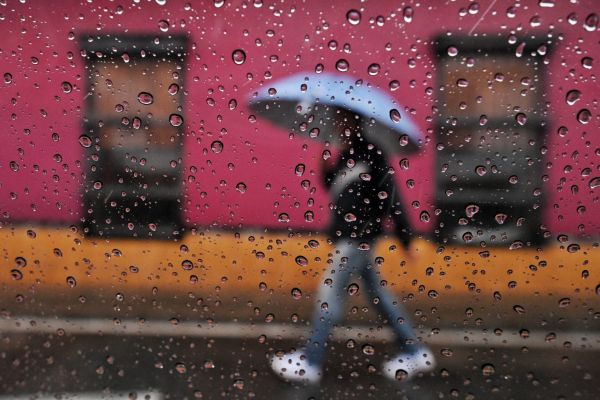 拉尼娜现象导致南美部分地区雨季提前到来。图为3月11日一名男子打着伞走在哥伦比亚卡利市街头。（法新社）