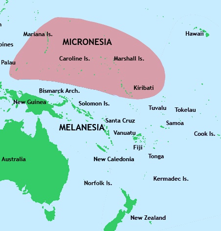 上方红色区域为密克罗尼西亚岛群，该岛群除马里亚纳群岛外，其余5国均宣布退出“太平洋岛国论坛”