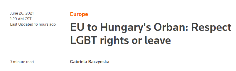 欧盟告诉匈牙利：尊重LGBT，否则离开欧盟