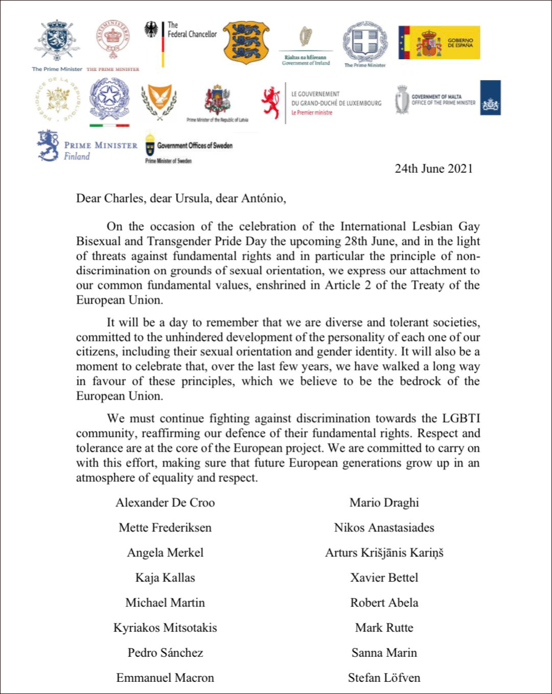  欧盟17国发表支持LGBT的联名信（后增奥地利总理），图自社交媒体