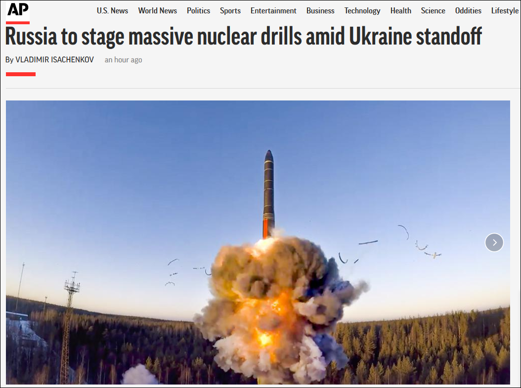 美联社：乌克兰危机期间，俄罗斯将举行大规模核演习
