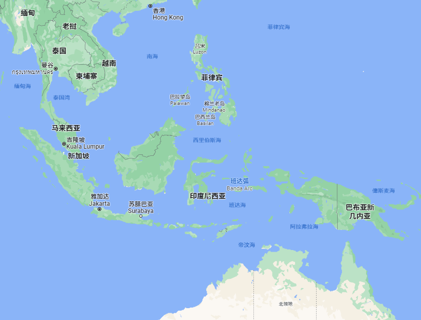 截图右下方为澳大利亚，其与南海相距较远，谷歌地图截图